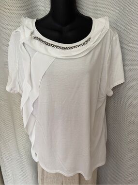 White House Black Market White Short-Sleeve Ruffle Top with Embellished Neckline